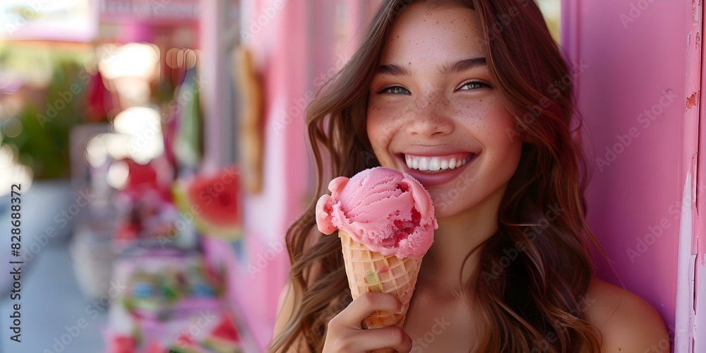 Fashionforward girl enjoys unique watermelon ice cream centered copy space selective focus. Concept Fashion, Style, Ice Cream, Watermelon, Copy Space Fashionforward girl enjoys unique watermelon ice cream centered copy space selective focus. Concept Fashion, Style, Ice Cream, Watermelon, Copy Space