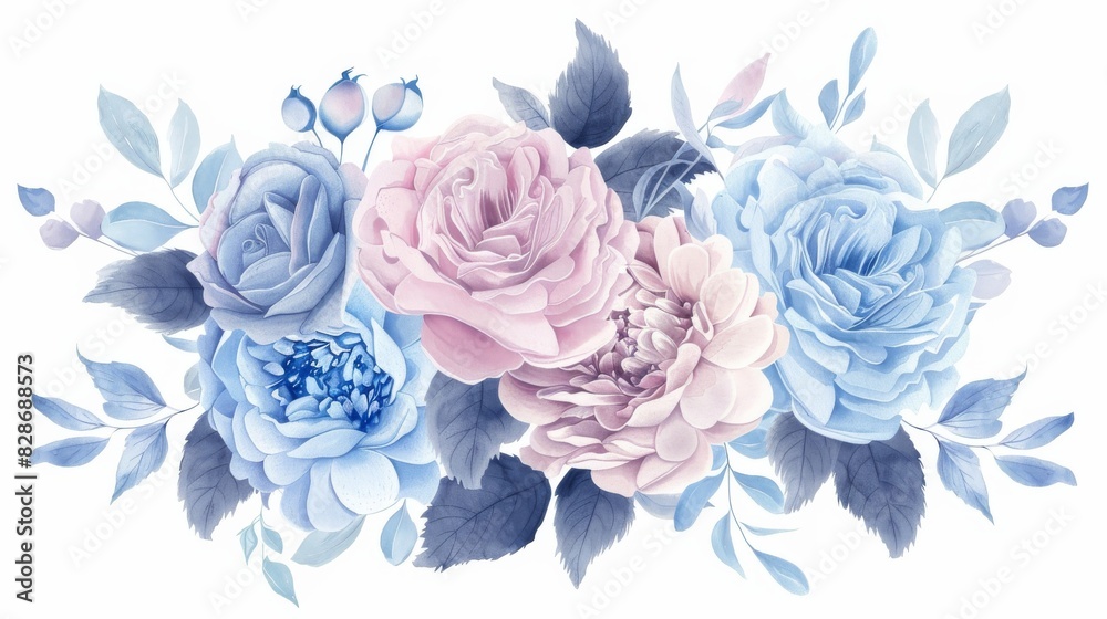 Fototapeta premium A beautiful bouquet of roses and peonies in pastel colors, with leaves and blue feathers, on a white background, in the style of a vector illustration.