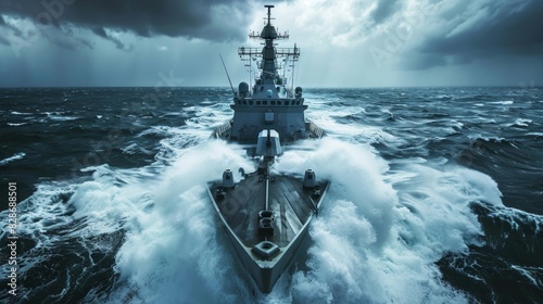 Modern navy destroyer is on patrol. Military defense and security concept. Navy ship sailing on rough seas, 4k HD wallpaper, background, generated by AI