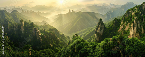 panoramic photo of an incredible mountain vista at sunrise, with rocky peaks and lush green valleys, with hikers photo
