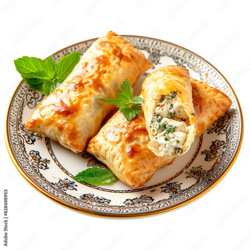 Front view of Sigara Boregi with Turkish cigar-shaped pastries, filled with feta cheese and herbs, baked until golden brown, isolated on a white transparent background Front view of Sigara Boregi with Turkish cigar-shaped pastries, filled with feta cheese and herbs, baked until golden brown, isolated on a white transparent background