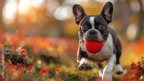 energetic boston terrier happily holding a red ball, ideal for dog enthusiasts who enjoy playful moments with their pets photo