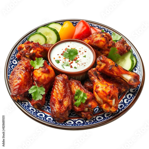 Front view of Tavuk Kanat with Turkish spicy chicken wings, featuring crispy and seasoned chicken wings, isolated on a white transparent background © SuperPixel Inc