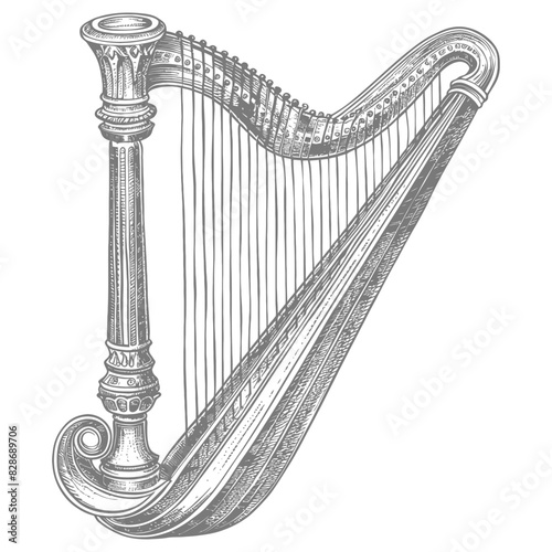 ancient harp with old engraving style