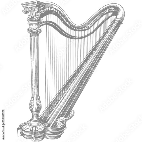 ancient harp with old engraving style