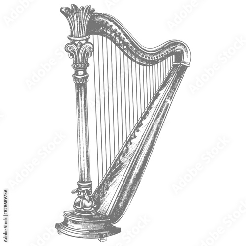 ancient harp with old engraving style
