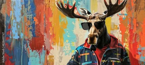 moose in black sunglasses on a multi-colored background. background made of oil paints. in a tracksuit. laughter. place for text.  photo