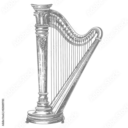 ancient harp with old engraving style
