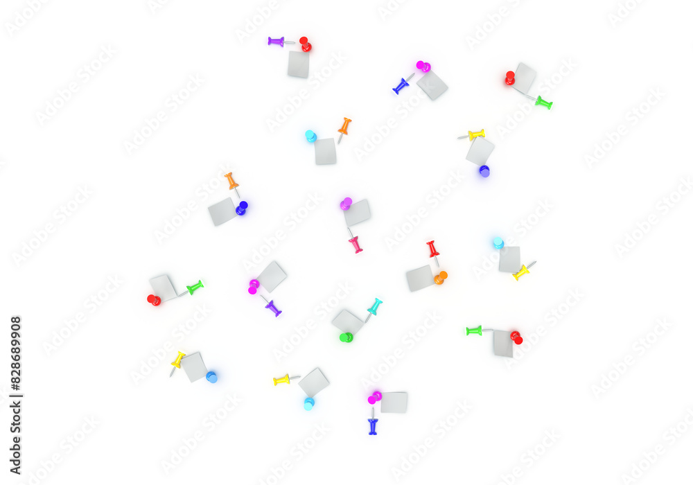 A pattern of colorful pins and paper notes. 3d rendering on the topic of business, work, study, university, office. Modern, minimal style. Transparent background. A pattern of colorful pins and paper notes. 3d rendering on the topic of business, work, study, university, office. Modern, minimal style. Transparent background.