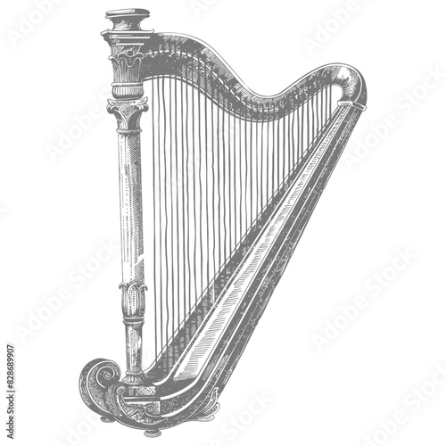 ancient harp with old engraving style