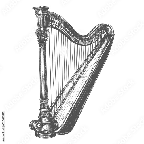 ancient harp with old engraving style