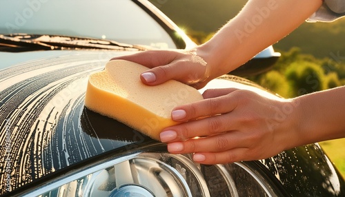 copy space, close up hands cleaning car with sponge and soap. Reducing water consumation. Sustainability concept. Environmental awareness, reducing water spill. Sustainability mockup. photo