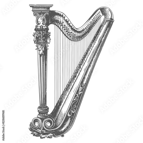 ancient harp with old engraving style