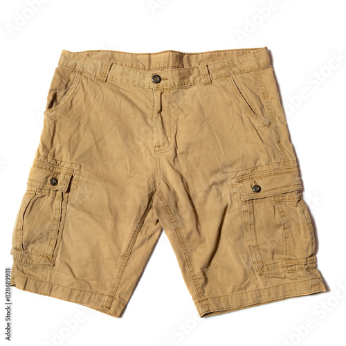 beige men's cargo shorts on a white background