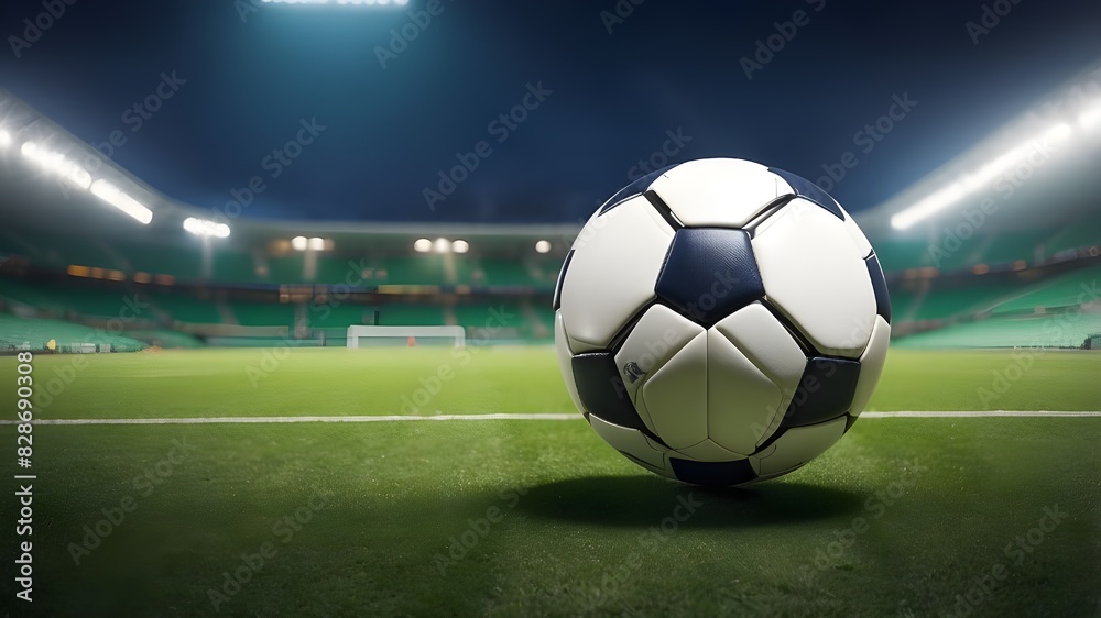 A soccer ball in a stadium on a verdant pitch