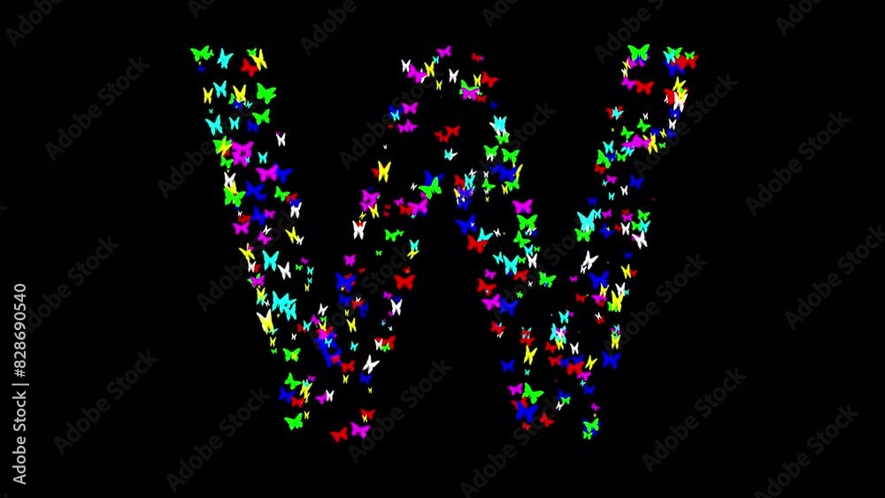 English alphabet W with colorful butterflies on plain black background English alphabet W with colorful butterflies on plain black background