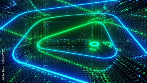 Vj loop neon room. Mirror room with neon light. Abstract festive bg with bright reflection. Dark room disco lights. Seamless looped bg with neon light. Night club bright neon style bg. Moving light