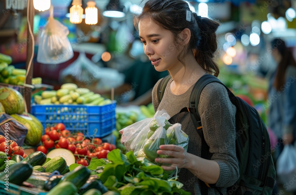 Young woman shopping for fresh produce at a bustling outdoor market.
