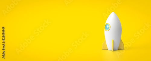 A white rocket with yellow swivel wings. 3d rendering on the topic of business, growth, stocks, investments, dashboard, advertising, bank. Minimalism, modern style, yellow background. photo
