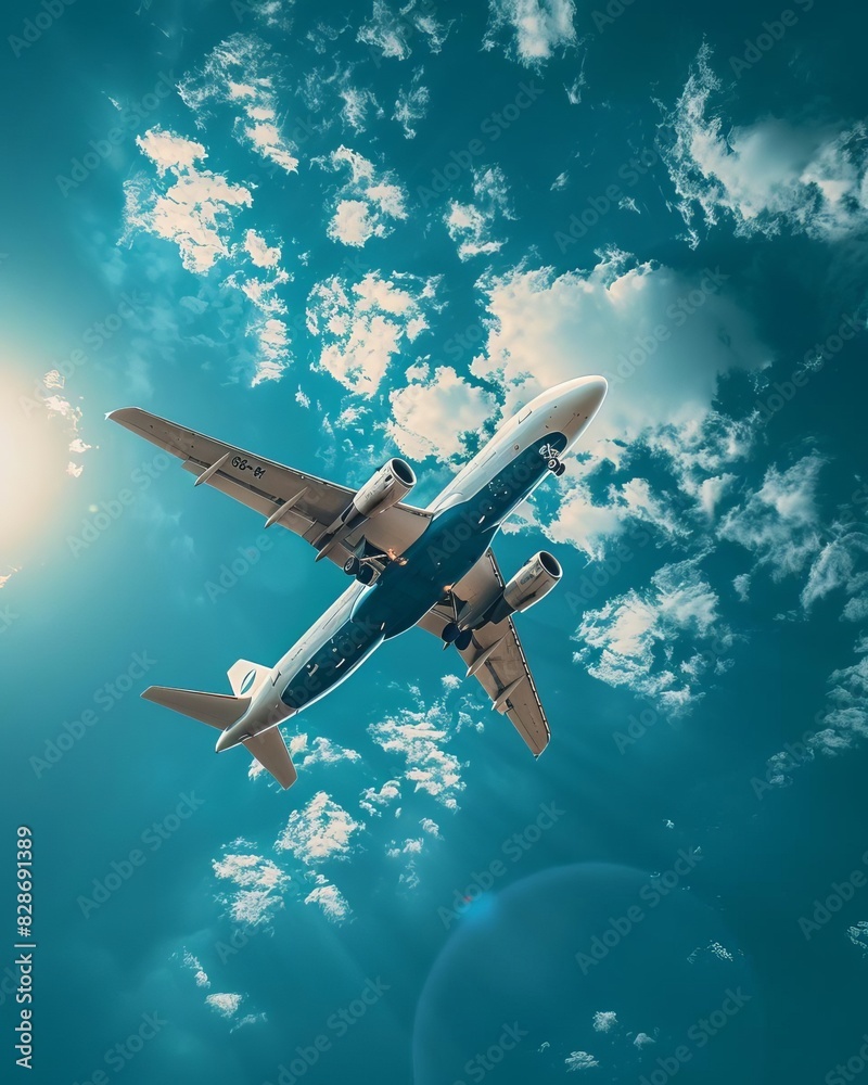 Fototapeta premium A sleek and sophisticated airplane soars through the vibrant blue sky, its wings cutting through the air like a knife through butter