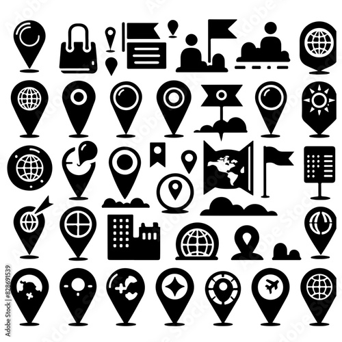 Geolocation and Navigation Icons Set
A comprehensive set of black and white geolocation and navigation icons, featuring various map markers, globes, flags, and directional symbols.  photo