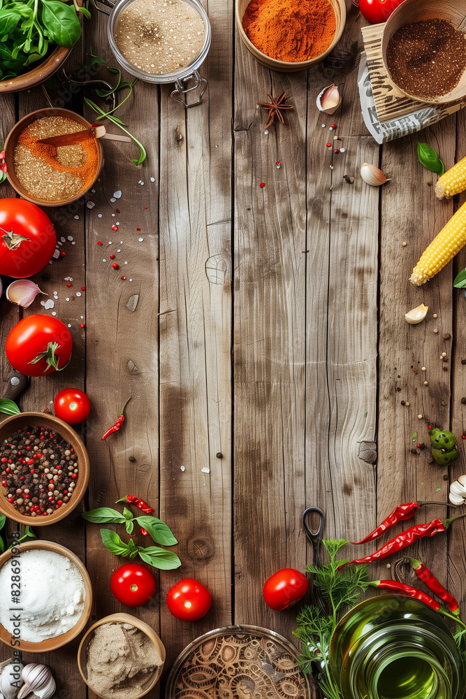 A table with a variety of spices and herbs, including chili powder, cumin A table with a variety of spices and herbs, including chili powder, cumin