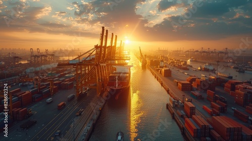 Un puerto bullicioso lleno de barcos de carga, aviones y camiones, con el sol brillando. El ambiente de trabajo está lleno de energía. Estilo: Vibrante y dinámico.