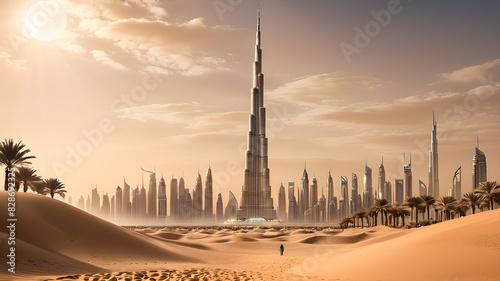 Bollywood action movie poster background with burj khalifa and dubai skyline and desert, Generative AI photo