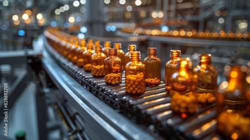 Rows of amber glass bottles are transported through a pharmaceutical production line with bokeh