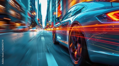 Una fotografía vibrante que captura un automóvil en movimiento en una bulliciosa calle de la ciudad, mostrando su diseño elegante y el dinámico entorno urbano.