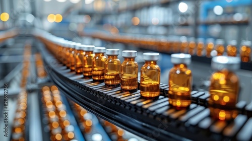 Shiny amber bottles containing pills on an automated conveyor belt in an industrial setting