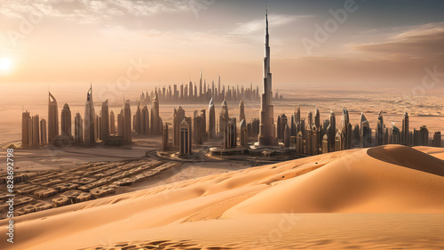 Bollywood action movie poster background with burj khalifa and dubai skyline and desert, Generative AI