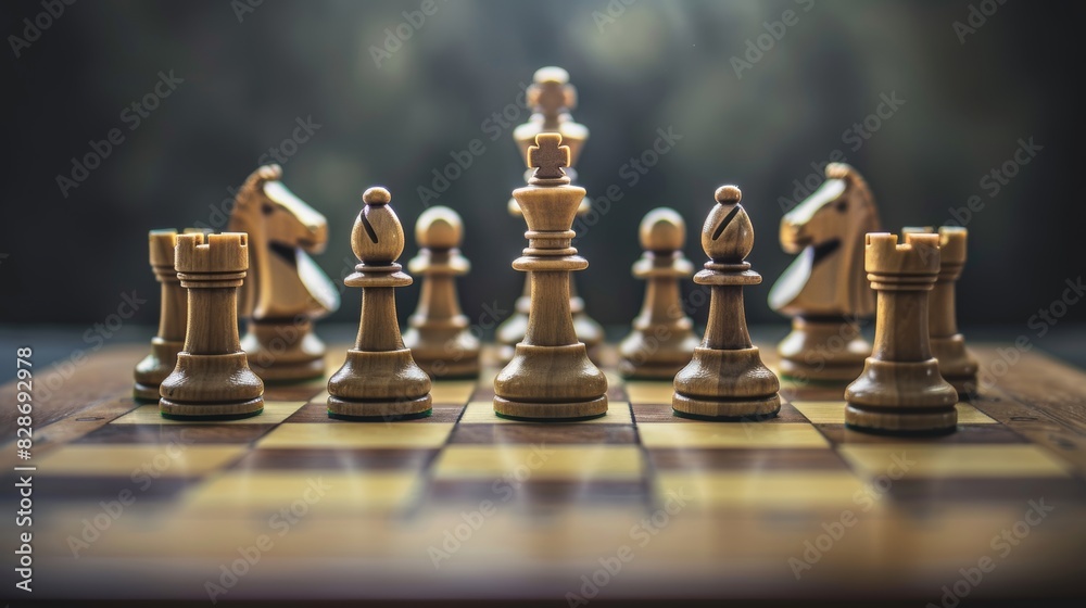 Close-up of elegant chess pieces on a modern board, isolated background with studio lighting, emphasizing competition and strategy, perfect for business concepts Close-up of elegant chess pieces on a modern board, isolated background with studio lighting, emphasizing competition and strategy, perfect for business concepts