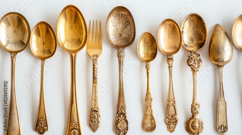 Close-up of elegant golden spoons and forks arranged neatly on a pristine white background, highlighting their intricate details and polished surfaces