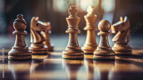 Close-up of elegant chess pieces on a modern board, isolated background with studio lighting, emphasizing competition and strategy, perfect for business concepts