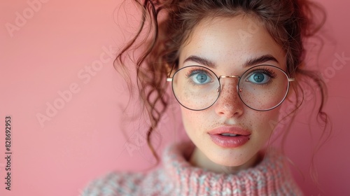 Close-up of a young woman with striking eyes and glasses against a soft background