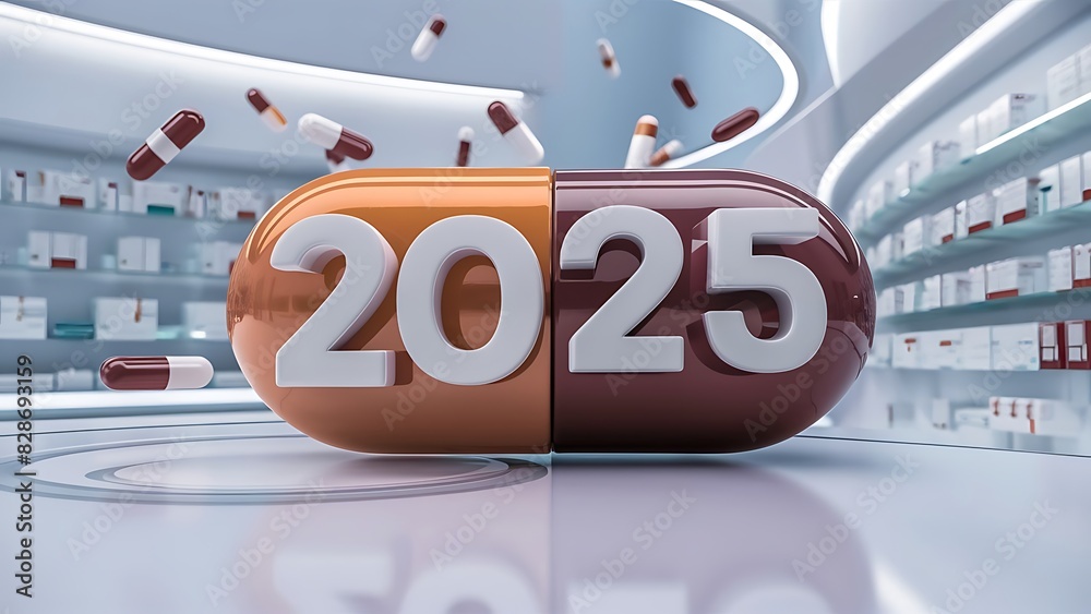 happy new year 2025 test illustration on medicine or medical background. Greeting card design ,2025 medicine pills New Year background, 2025 drug greeting card, tablet design, medication 