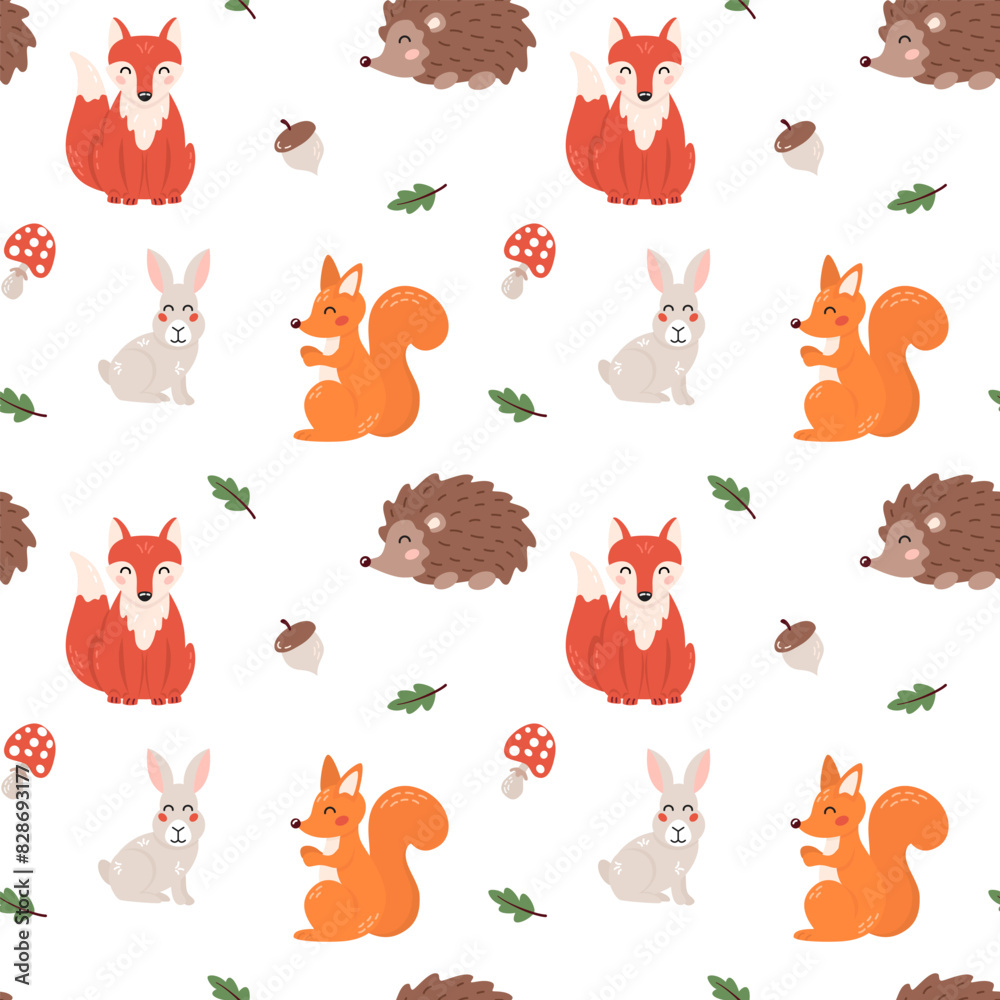 Obraz premium Seamless pattern with cute forest animals in cartoon flat style. Cartoon fox, squirrel, hedgehog and hare. Kids design for print, textile, wrapping paper, wallpaper, nursery. Vector illustration