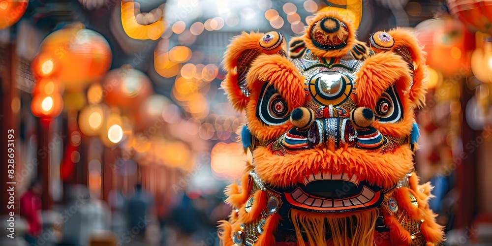 Fototapeta premium Majestic Chinese Lion Symbolizing Cultural Festivities and Tradition. Concept Chinese Lion Dance, Lunar New Year Celebrations, Symbol of Good Luck, Traditional Festive Performances