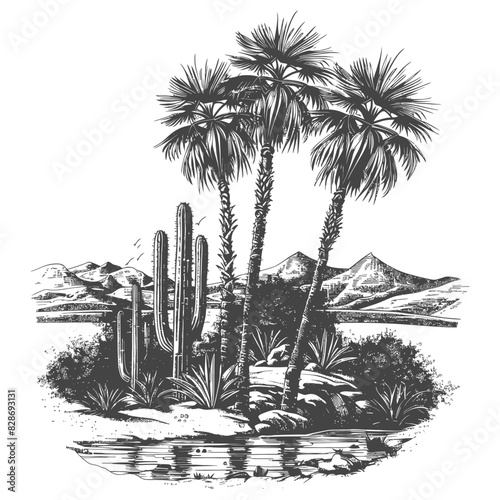 an oasis in the sonoran desert with old engraving style