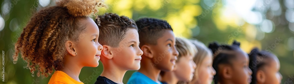Children participating in a summer language immersion program, side view, enhancing language skills, futuristic tone, Analogous color scheme Children participating in a summer language immersion program, side view, enhancing language skills, futuristic tone, Analogous color scheme