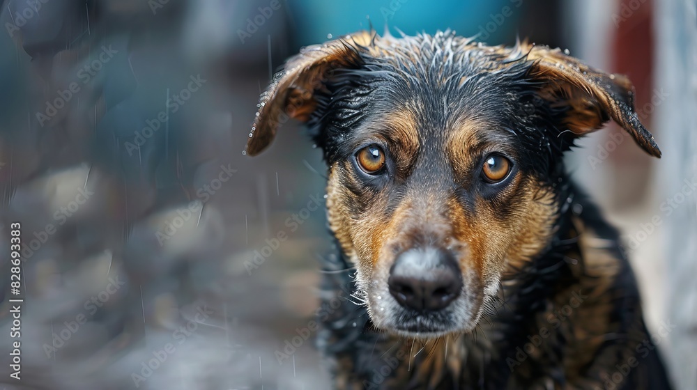 Close-up of a stray homeless dog with sad, expressive eyes, drenched from the rain, sitting alone on a wet city street, evoking a sense of urgency for help Close-up of a stray homeless dog with sad, expressive eyes, drenched from the rain, sitting alone on a wet city street, evoking a sense of urgency for help