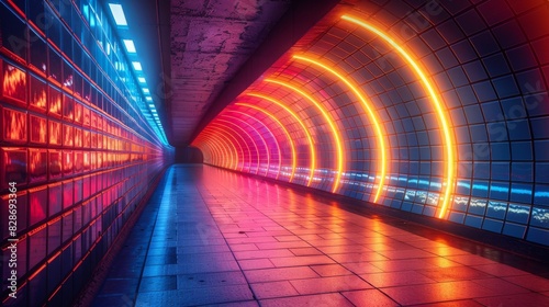 Vibrant neon lights creating an immersive tunnel effect on tiled walls, ideal for futuristic or sci-fi concepts