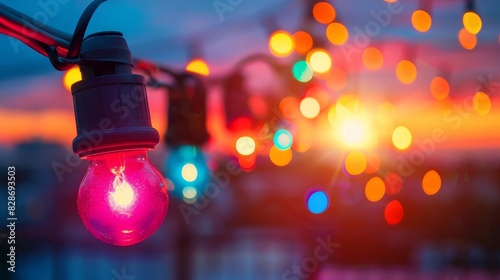 Christmas in July festive lights at sunset, close up, focus on, bright colors, twinkling summer night