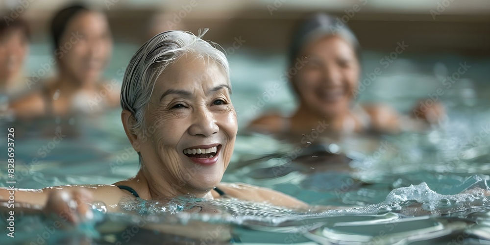 Fototapeta premium Elderly women happily participate in water aerobics, demonstrating joy and active aging. Concept Active Aging, Water Aerobics, Elderly Fitness, Joyful Exercise, Positive Lifestyle