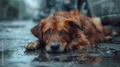 Close-up of a hungry, abandoned dog, soaked from the rain, lying on a desolate street, highlighting the importance of animal welfare and rescue efforts
