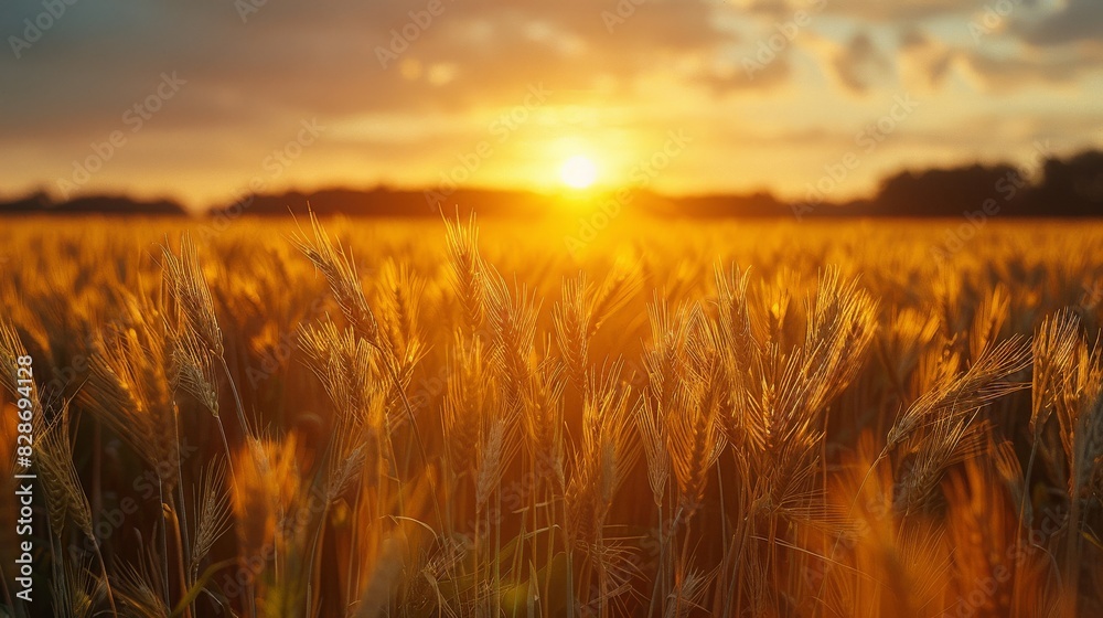 Soft focus on the sun rising over a vibrant wheat field, creating a sense of freshness and beginnings