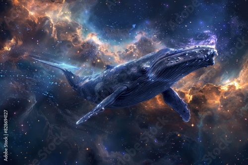 Whale exploring the cosmic depths, stunning space-faring marine creature illustration © Mikki Orso