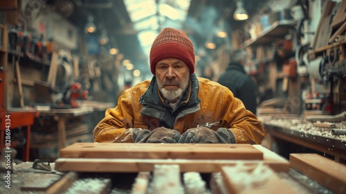 An experienced craftsman  in warm attire and beanie  works on wood in a sawdust-filled workshop