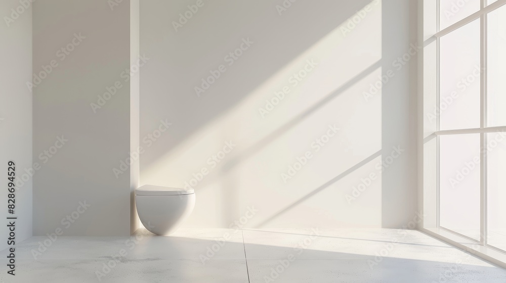 Fototapeta premium A sleek, modern white toilet in a minimalist bathroom with clean lines and neutral tones, perfect for contemporary interior design concepts--s 150